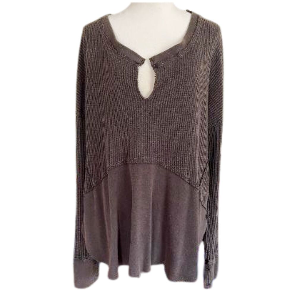 We The Free Monterey Ribbed Thermal Long Sleeve Top Shirt Brown Large